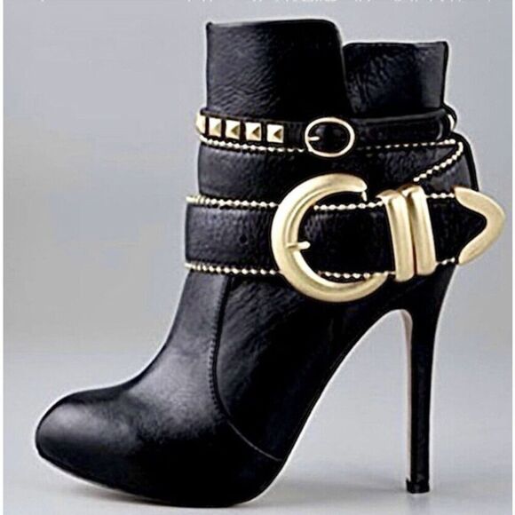 Dolce Vita Leather Braxton Booties Buckle Strappy High Heel Size 8.5 Black Gold - Picture 1 of 10